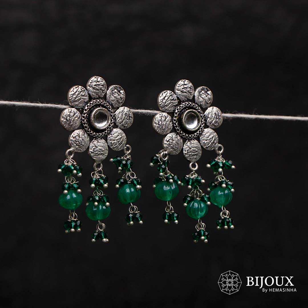 DAISY DISC PUMPKIN BEADED SEMI HANDMADE OXIDIZED EARRING ER132