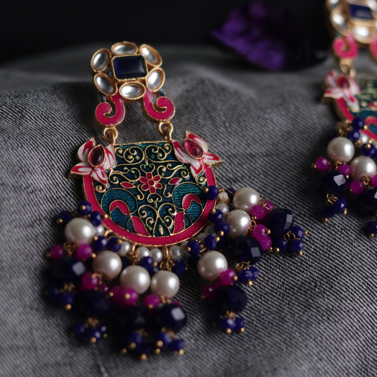 VIBRANT STROKE MEENAKARI SEMI-HANDMADE & HANDPAINTED GOLD TONED EARRING ER42