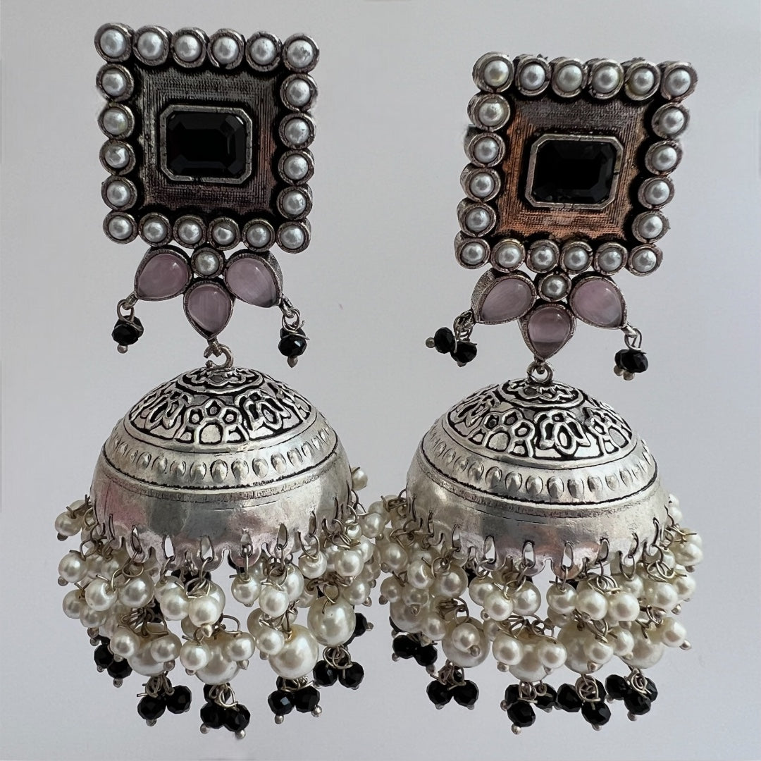 SQUARE SERENADE FAUX SILVER HANDMADE JHUMKAS ER37