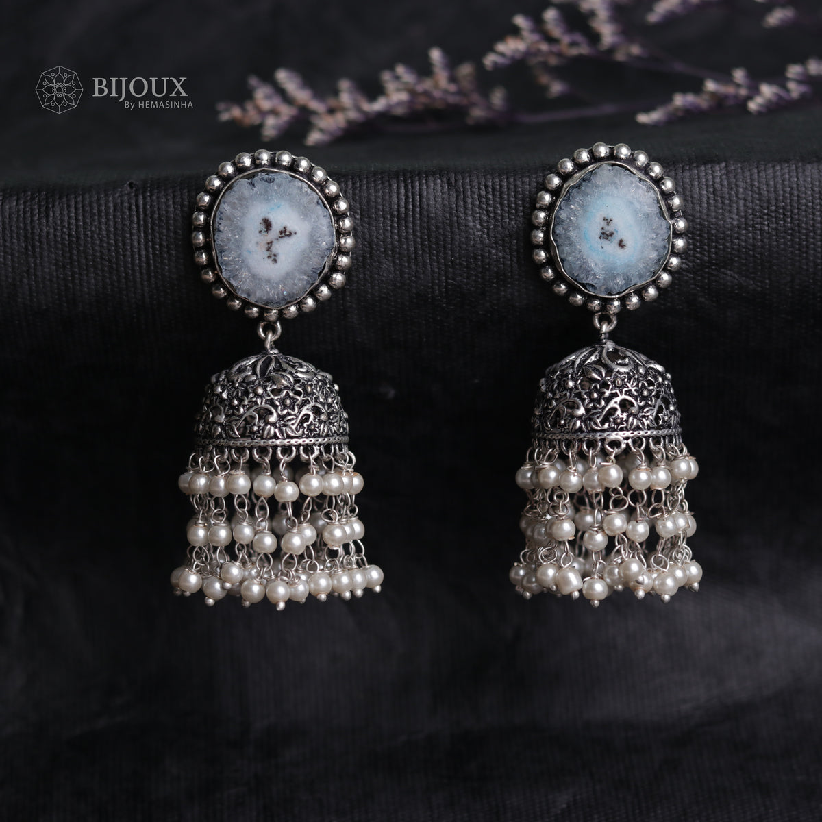 SPLENDOR DRUZY AND AGATE STONE SEMI-HANDMADE OXIDIZED JHUMKA ER54