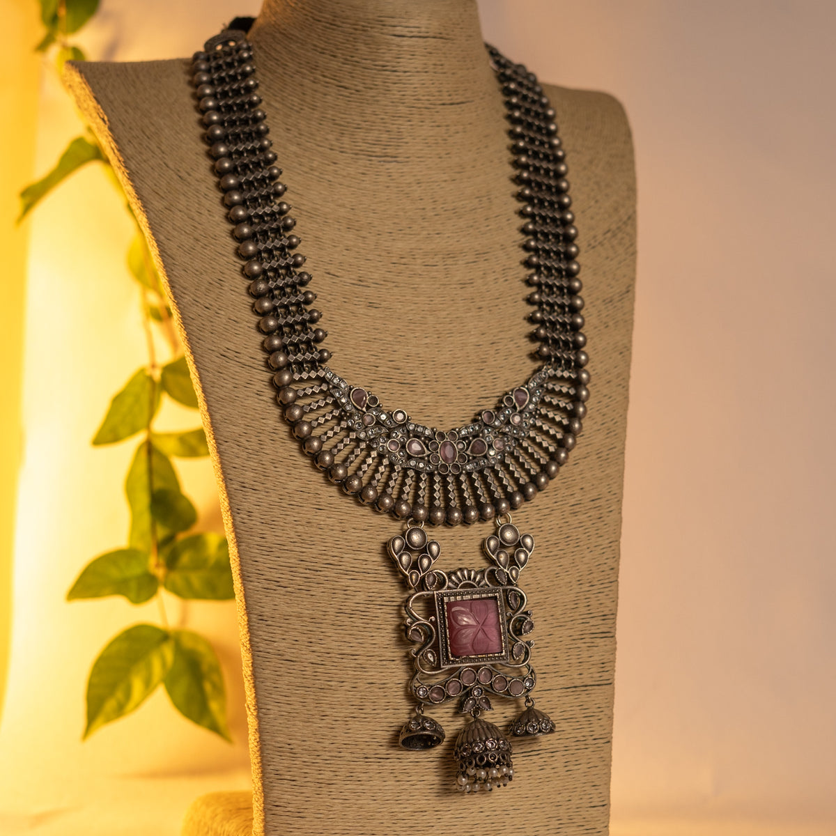 MIMI HANDMADE RAW AND RUSTIC FAUX SILVER ANTIQUE MALA WITH EARRINGS ML184