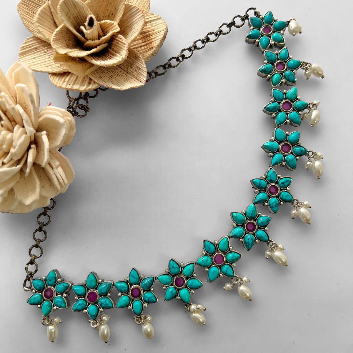 LYCARA FAUX SILVER PREMIUM SEMI HANDMADE NECKLACE WITH EARRINGS NL131