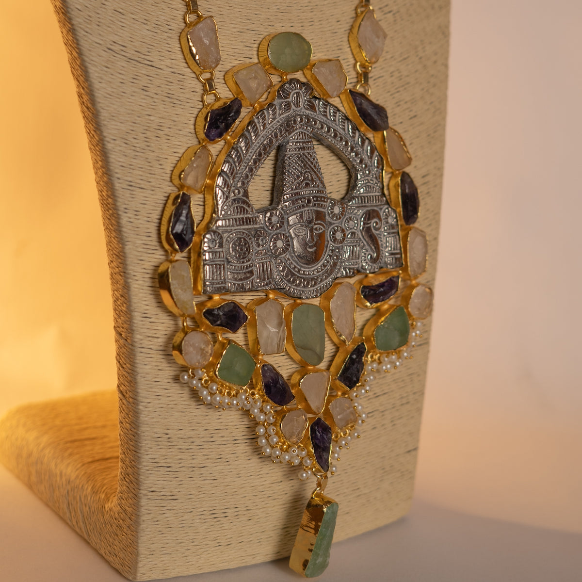 VENKAT BIJOUX, HANDCRAFTED TURQUOISE, MOP SHELL, AND RAW SATONE MALA WITH EARRINGS ML168