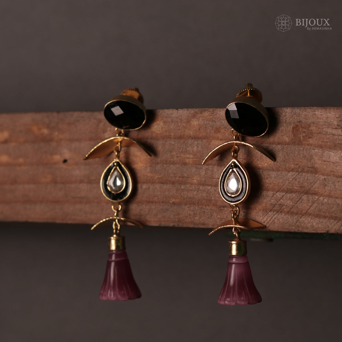 ENAMELLED CONICAL STONE DROPS WITH CRYSTAL HANDMADE AND HAND HAMMERED EARRINGS ER74