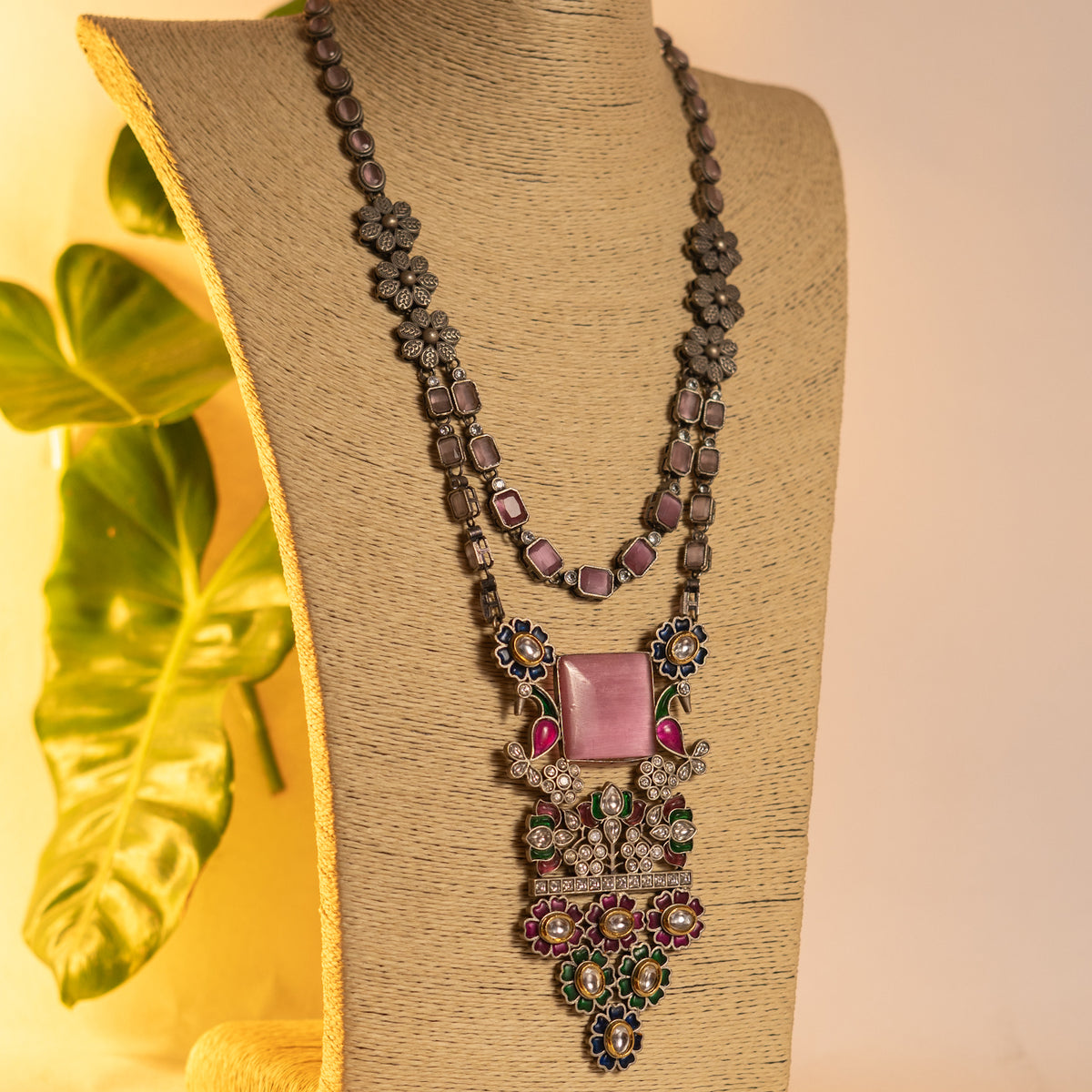 BLOOMY HANDMADE RAW AND RUSTIC FAUX SILVER ANTIQUE MALA WITH EARRINGS ML190