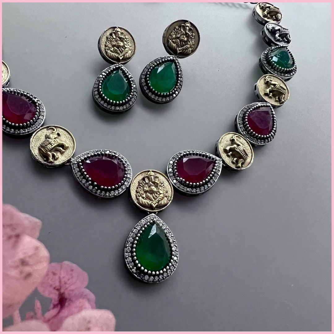 PALOT FAUX SILVER BIJOUX PREMIUM AND EXCLUSIVE SEMI HANDMADE DUAL TONED NECKLACE WITH EARRINGS NL139