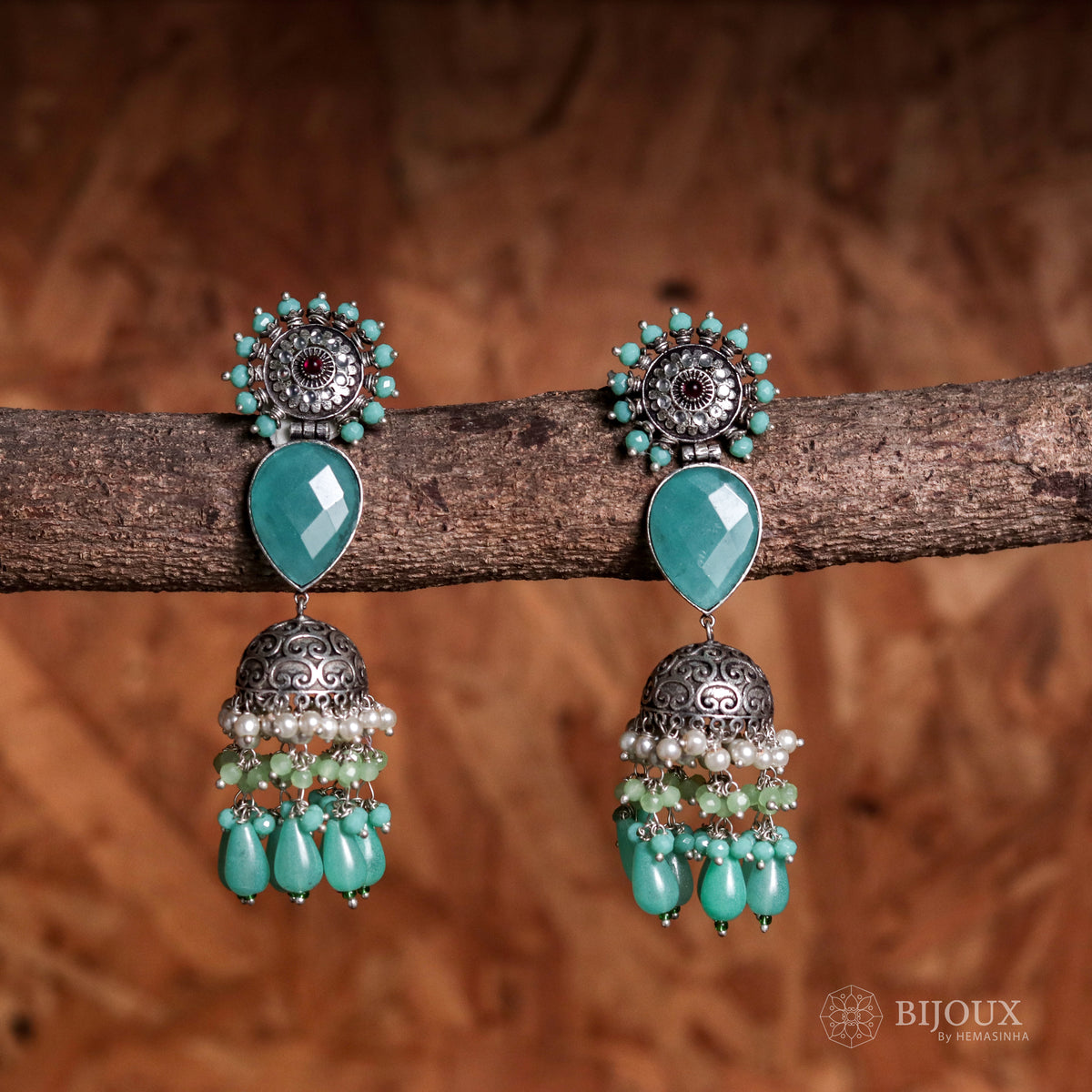 MOONLITE CASCADE MONALISA STONE SEMI-HANDMADE JHUMKA ER49