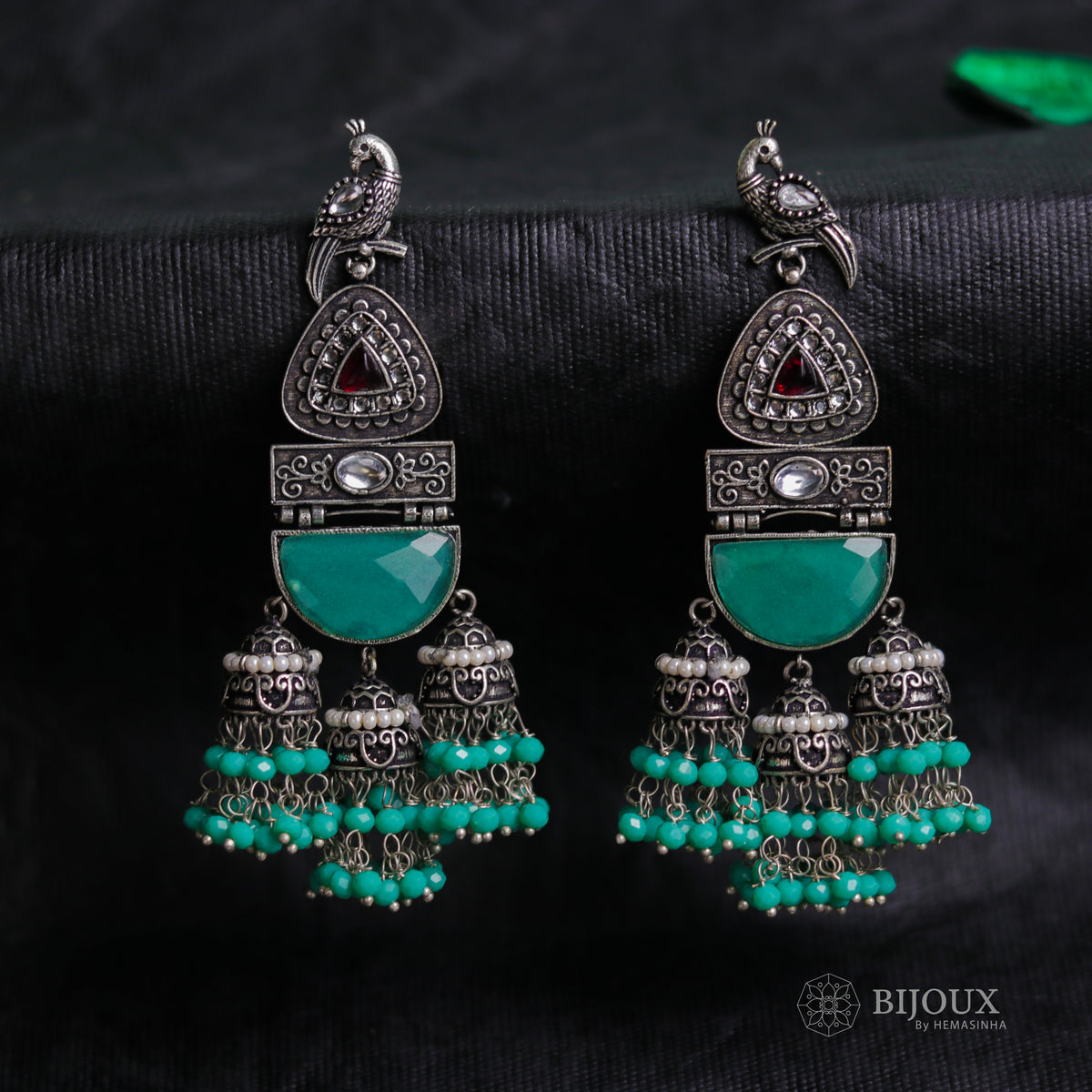 PEACOCK CASCADE MONALISA STONE  SEMI-HANDMADE JHUMKA ER48