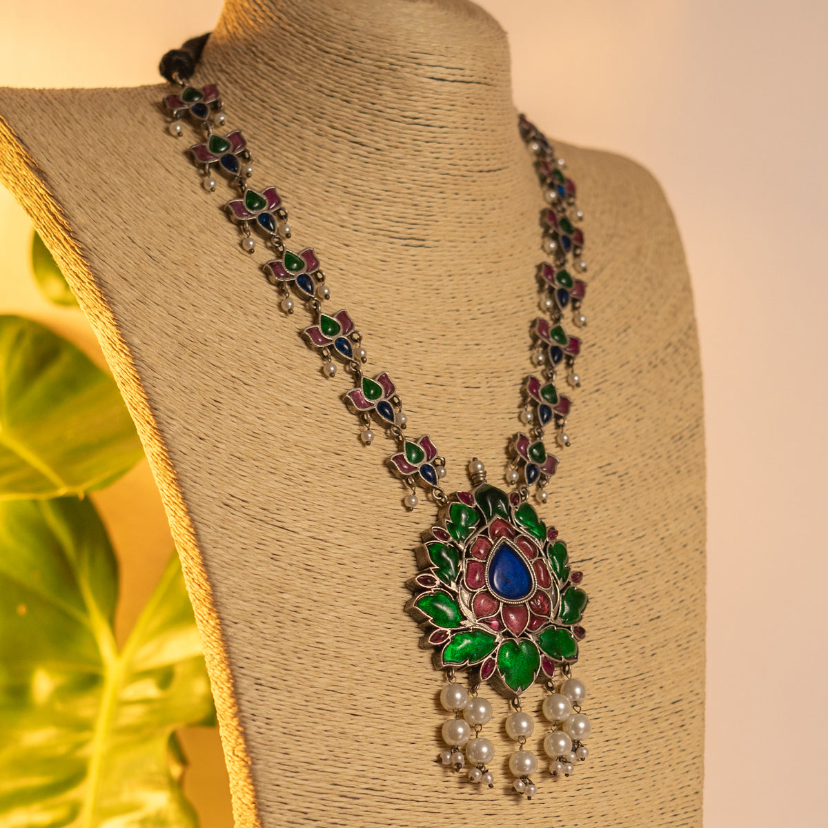 CARNATION HANDMADE RAW AND RUSTIC FAUX SILVER ANTIQUE MALA WITH EARRINGS ML192