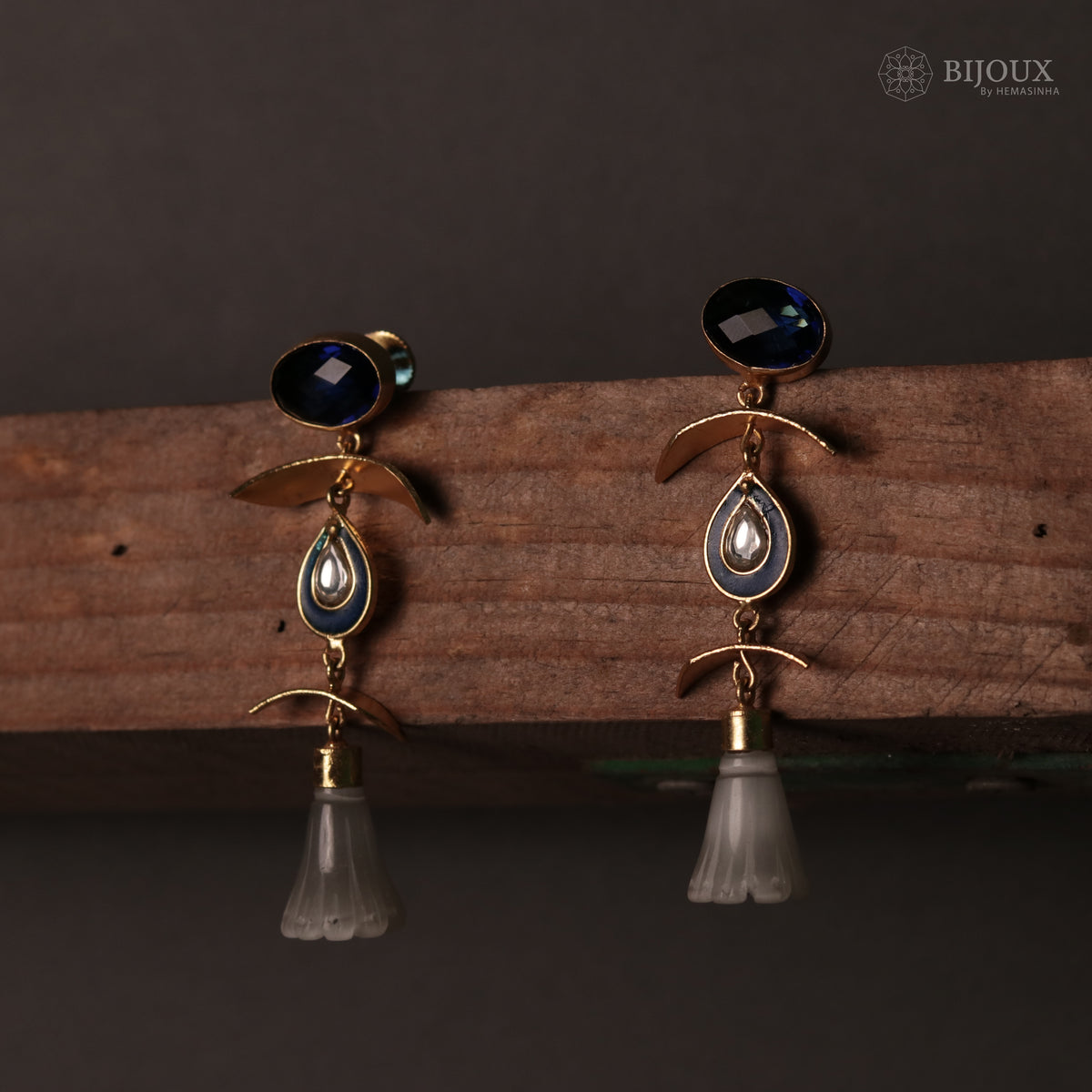 ENAMELLED CONICAL STONE DROPS WITH CRYSTAL HANDMADE AND HAND HAMMERED EARRINGS ER74