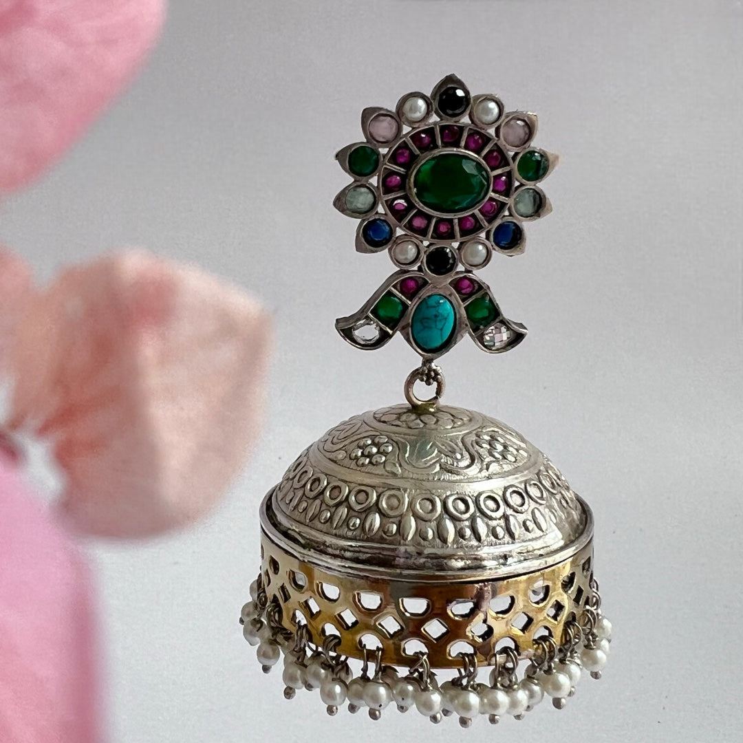 BLOOM SILVER LOOK ALIKE DUAL-TONED PREMIUM POLISH HANDMADE JHUMKA ER237