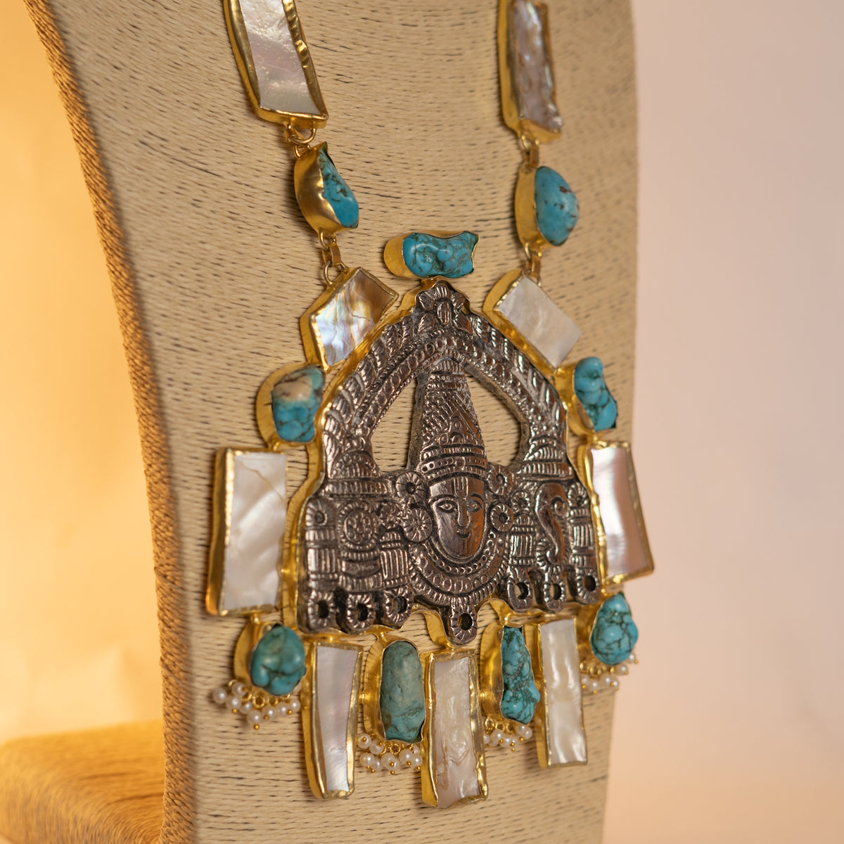 VENKAT BIJOUX, HANDCRAFTED TURQUOISE, MOP SHELL, AND RAW SATONE MALA WITH EARRINGS ML168