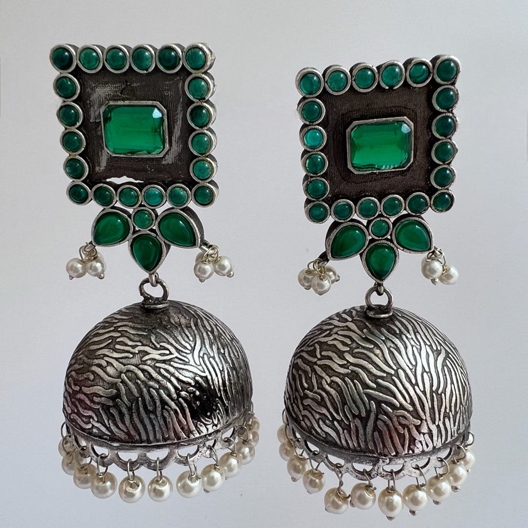 ROYAL SQUARE ELEGANCE FAUX SILVER SEMI-HANDMADE JHUMKAS ER36