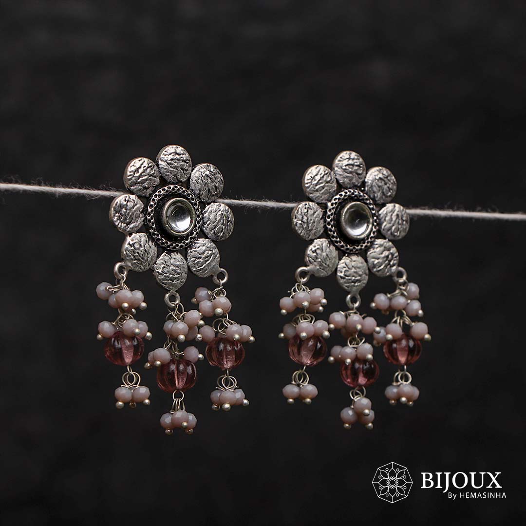 DAISY DISC PUMPKIN BEADED SEMI HANDMADE OXIDIZED EARRING ER132