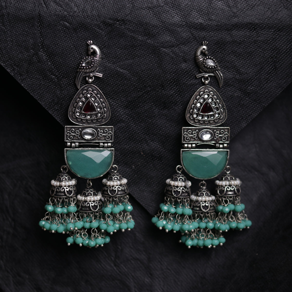 PEACOCK CASCADE MONALISA STONE  SEMI-HANDMADE JHUMKA ER48