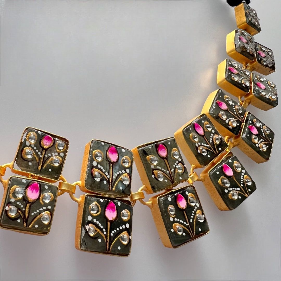 NIRAYA RAW STONE HAND PAINTED HANDMADE NECKPIECE WITH EARRINGS CH419