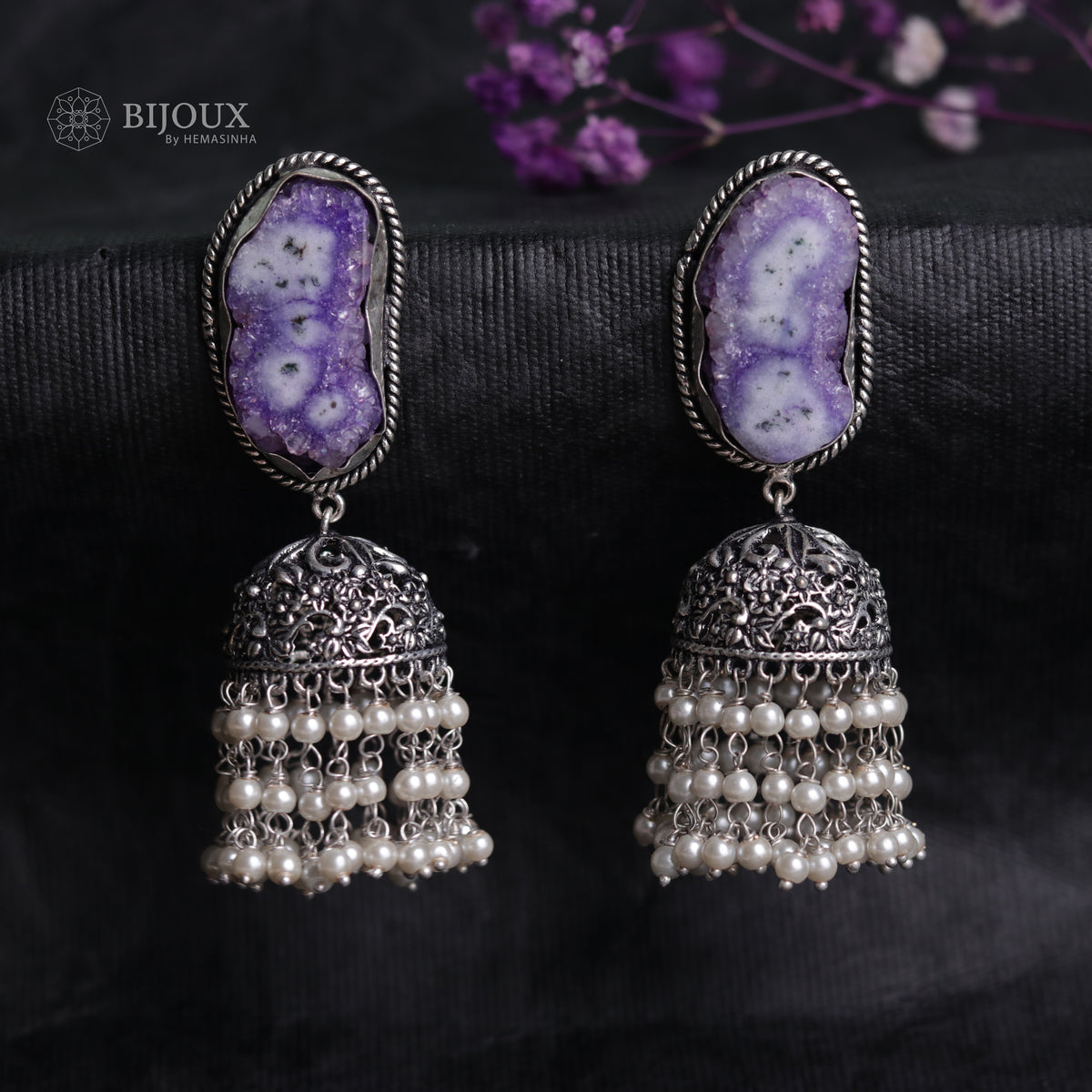 SPLENDOR DRUZY AND AGATE STONE SEMI-HANDMADE OXIDIZED JHUMKA ER54