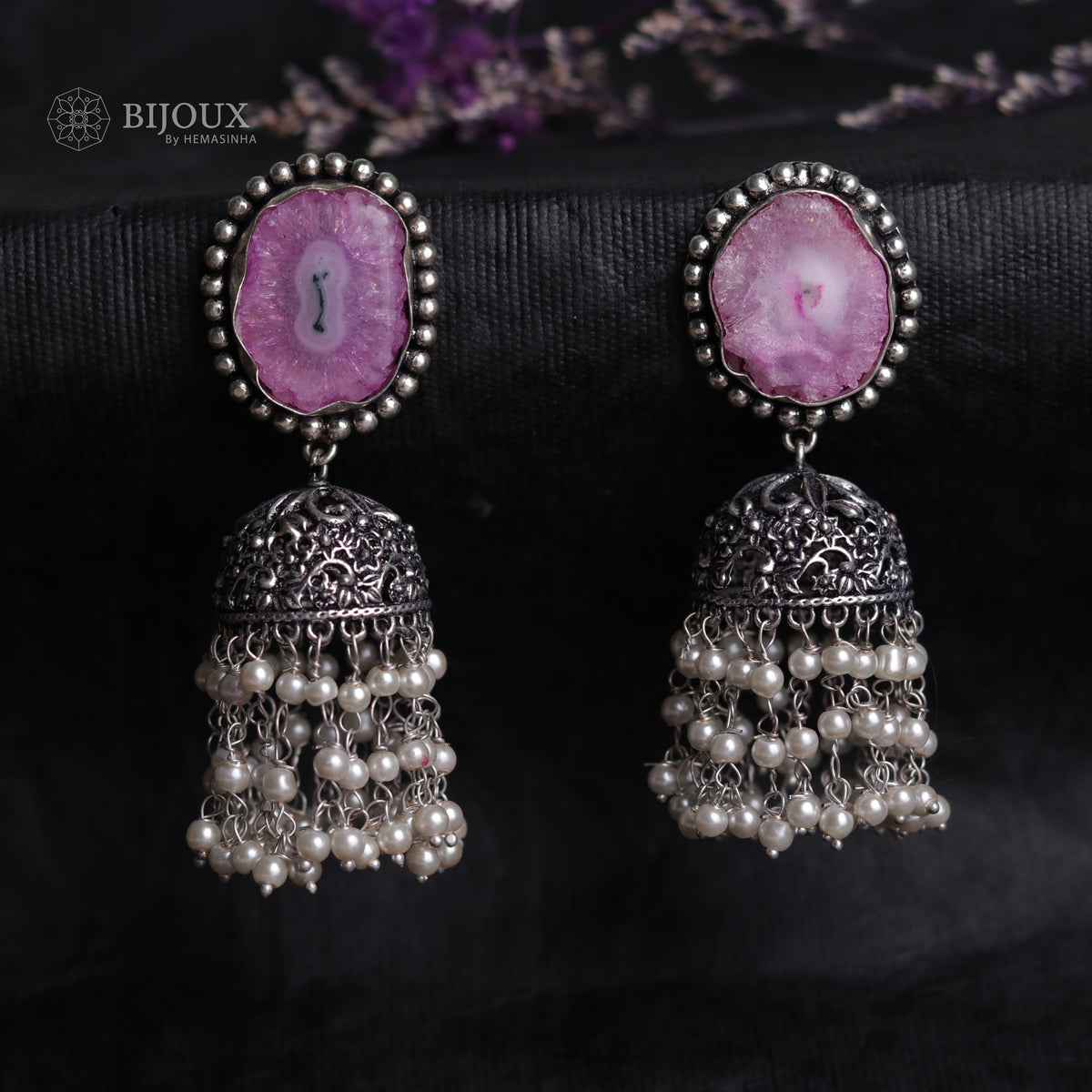 SPLENDOR DRUZY AND AGATE STONE SEMI-HANDMADE OXIDIZED JHUMKA ER54