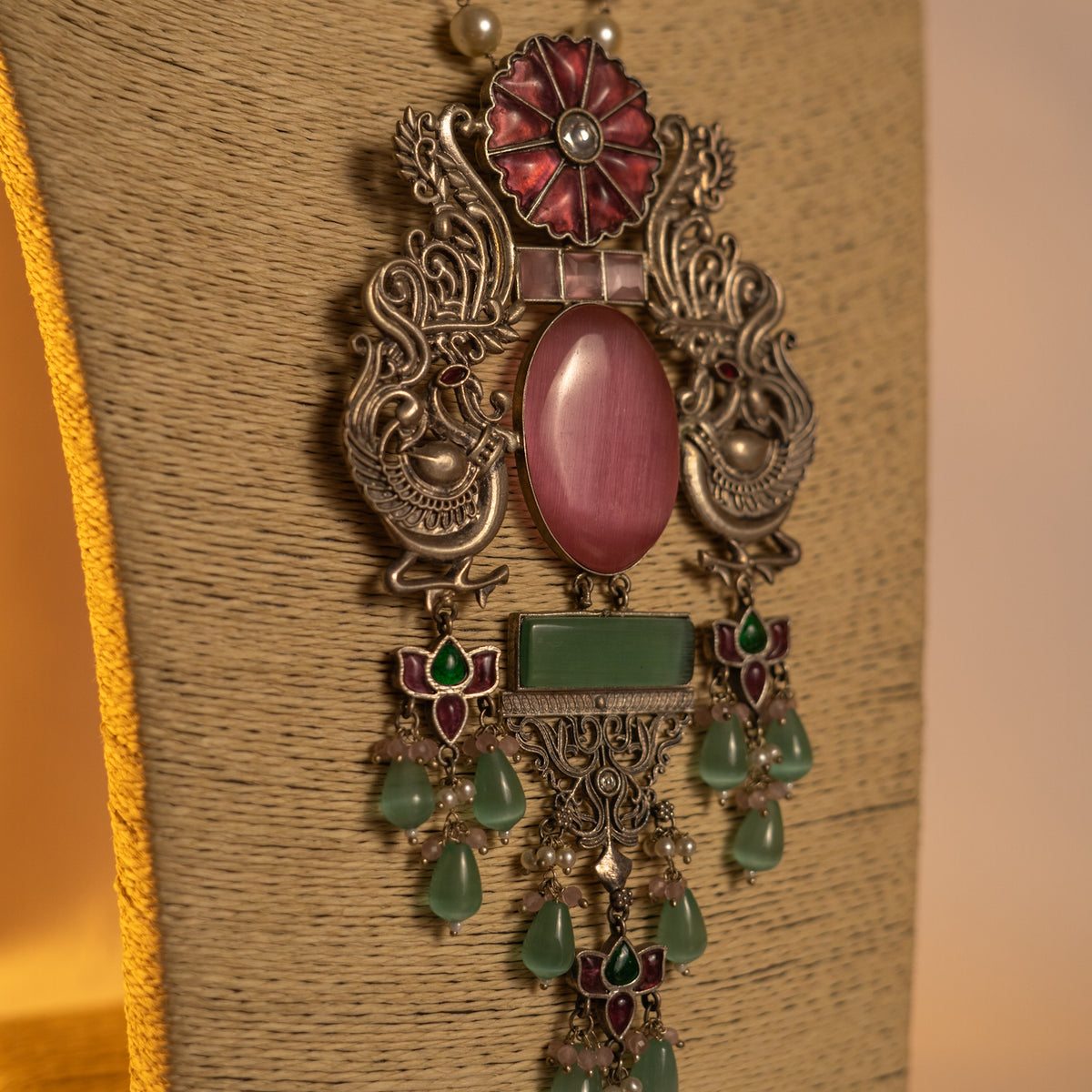 PETAL GRACE HANDMADE RAW AND RUSTIC SILVER LOOK ALIKE ANTIQUE DUAL TONE HANDMADE MALA WITH EARRINGS ML179