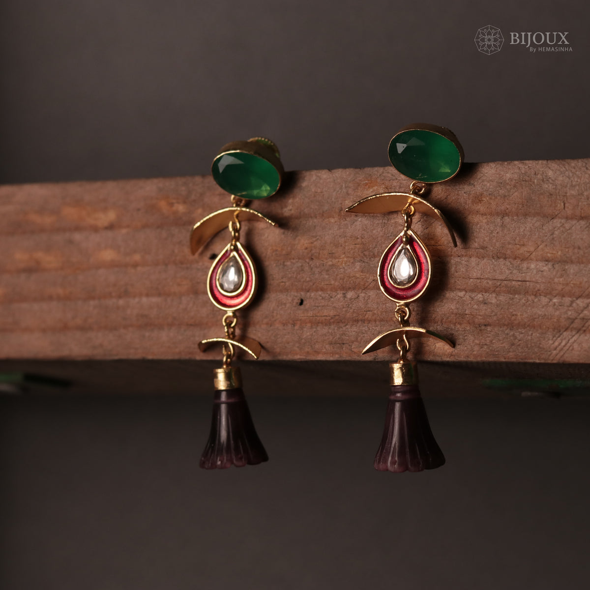 ENAMELLED CONICAL STONE DROPS WITH CRYSTAL HANDMADE AND HAND HAMMERED EARRINGS ER74