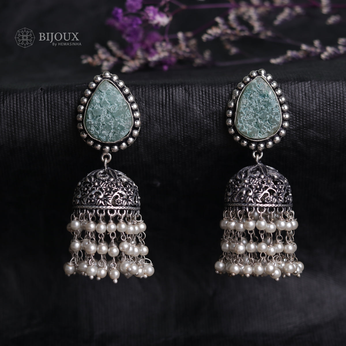 SPLENDOR DRUZY AND AGATE STONE SEMI-HANDMADE OXIDIZED JHUMKA ER54