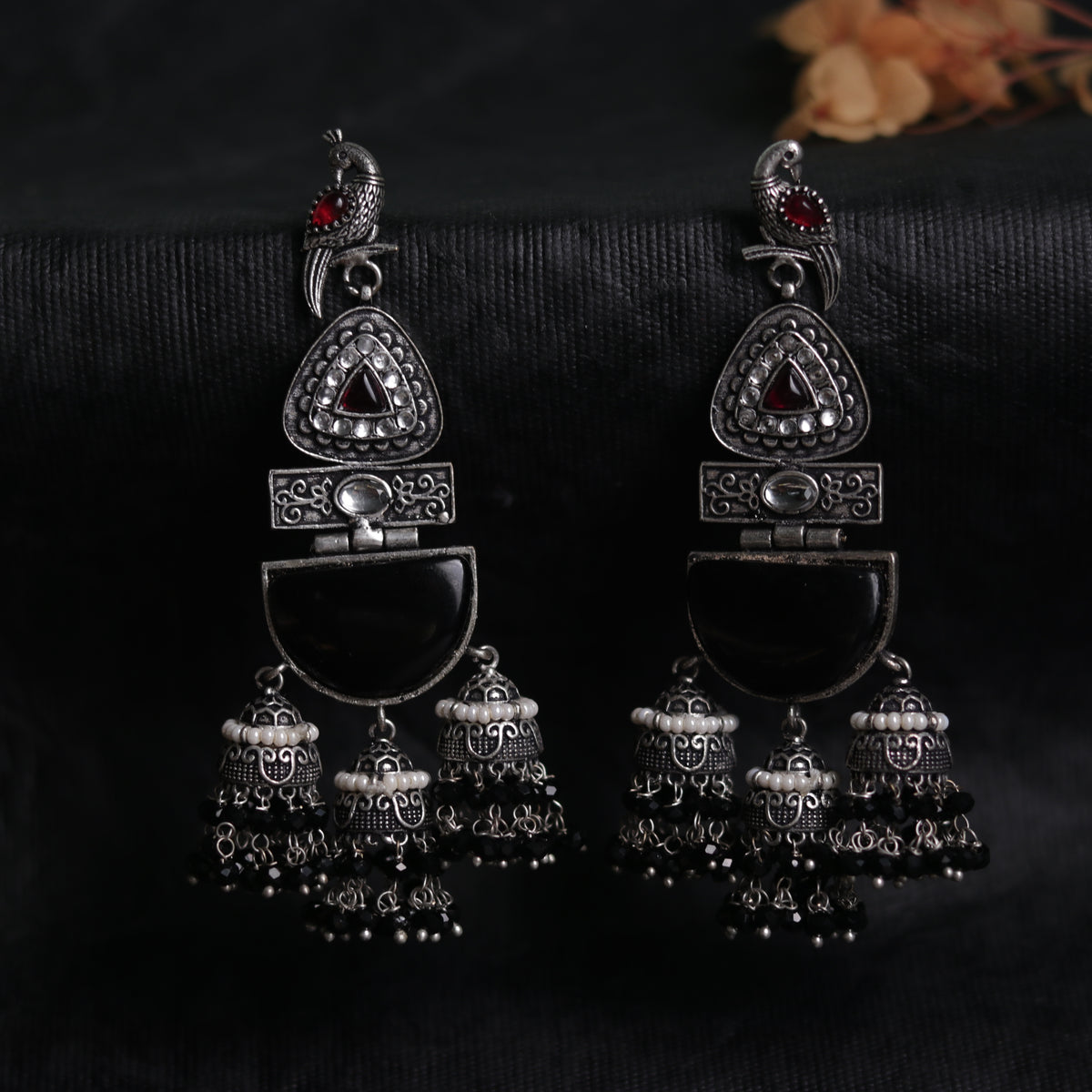 PEACOCK CASCADE MONALISA STONE  SEMI-HANDMADE JHUMKA ER48