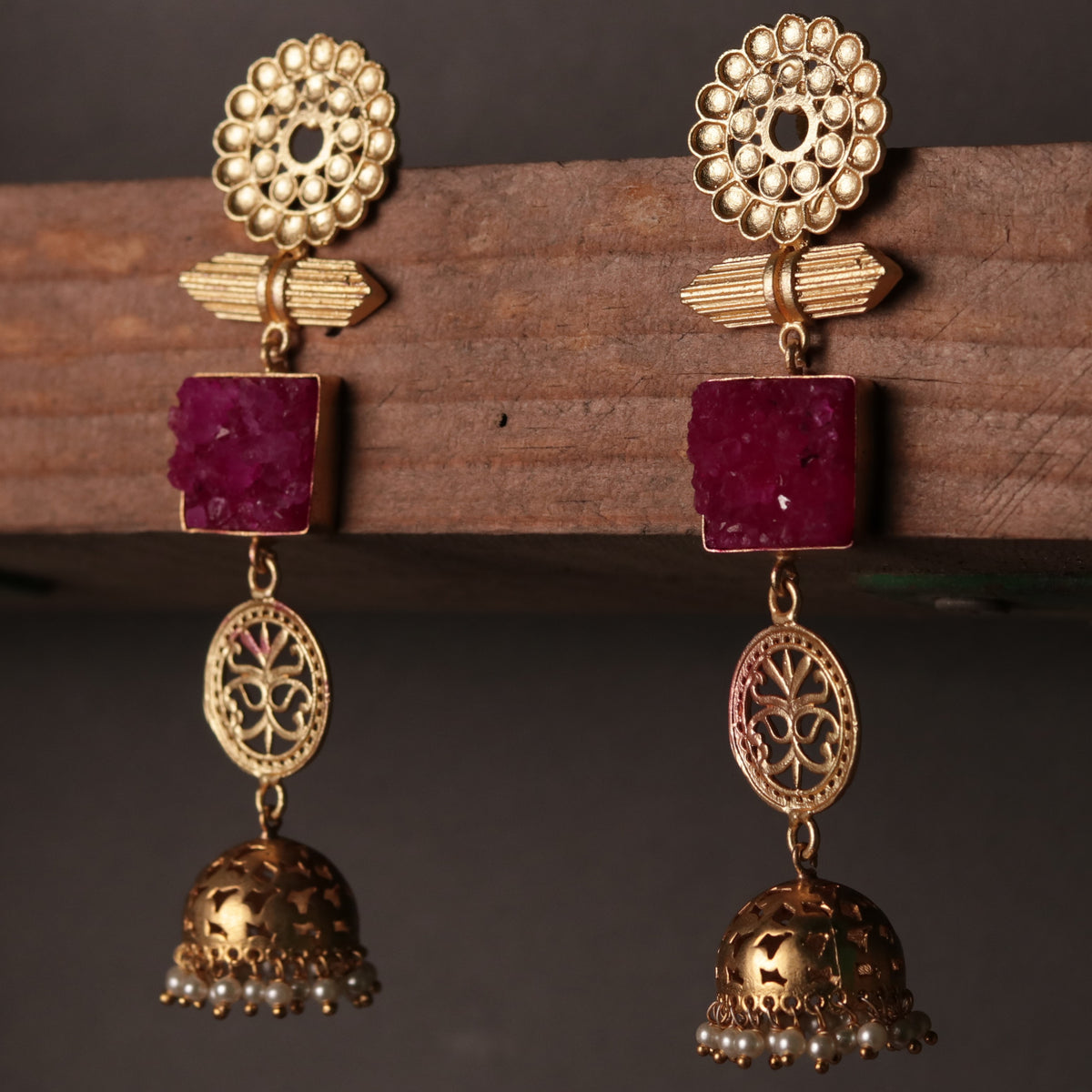 ELEGANT LIGHTWEIGHT DOUBLE-STEP SUGAR STONE HANDMADE JHUMKAS ER71