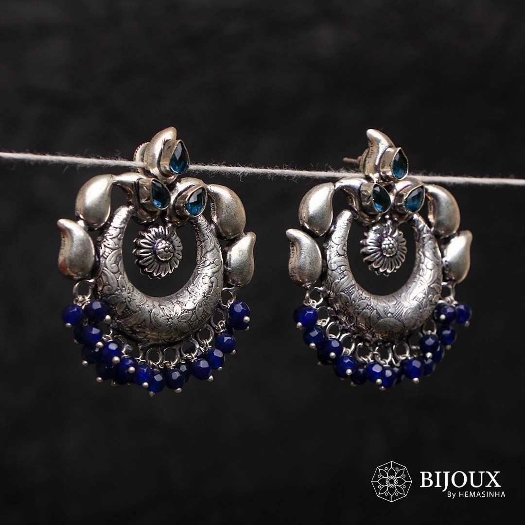 SERENITY  CARVED CIRCLETS SEMI HANDMADE BEADED OXIDIZED EARRING ER131