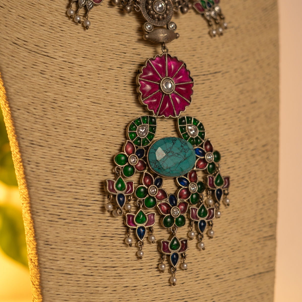 BLOOM HANDMADE RAW AND RUSTIC CLUSTER FAUX SILVER ANTIQUE MALA WITH EARRINGS ML185