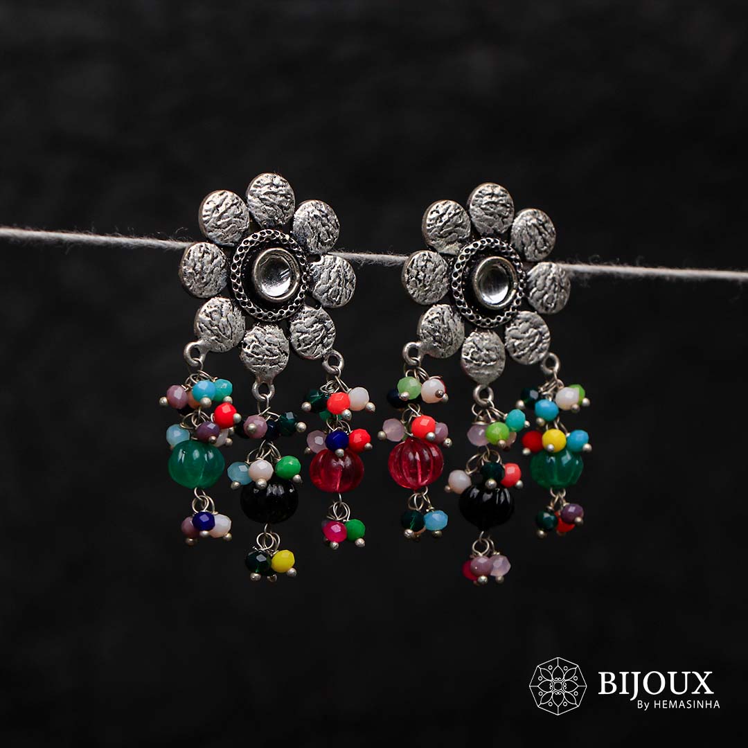 DAISY DISC PUMPKIN BEADED SEMI HANDMADE OXIDIZED EARRING ER132