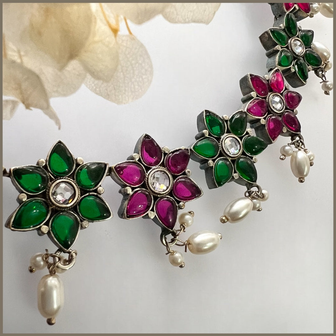 LYCARA FAUX SILVER PREMIUM SEMI HANDMADE NECKLACE WITH EARRINGS NL131