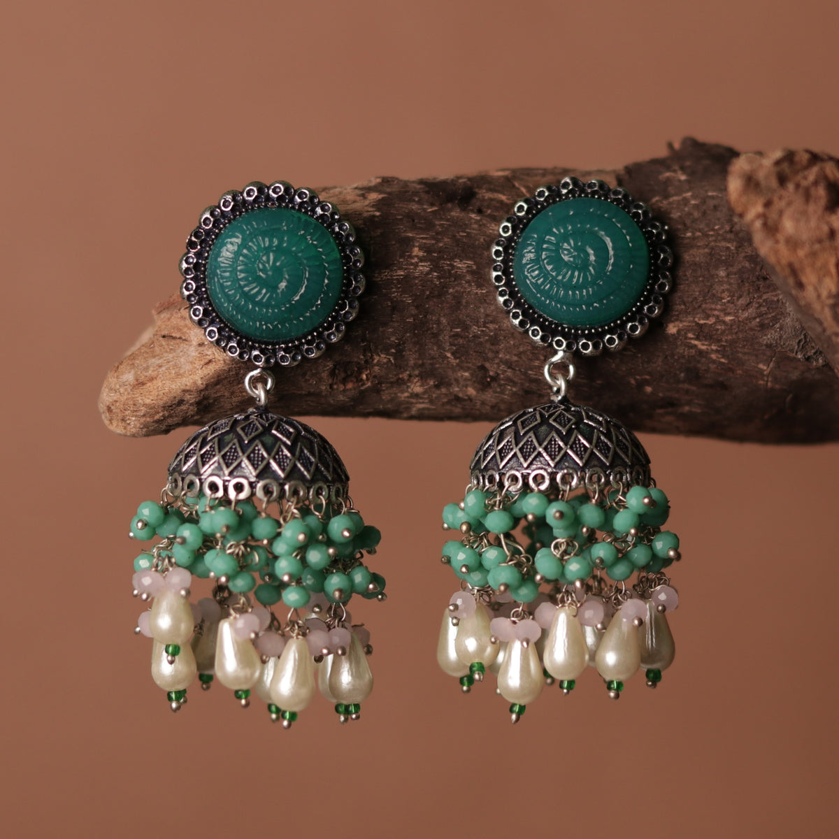 SPIRAL CARVING STONE SEMI HANDMADE BEADED JHUMKAS-ER113