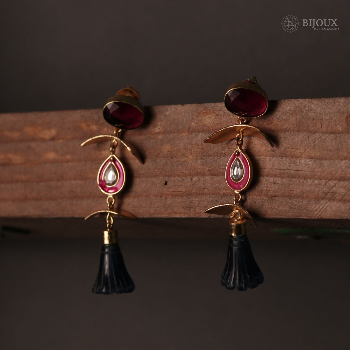 ENAMELLED CONICAL STONE DROPS WITH CRYSTAL HANDMADE AND HAND HAMMERED EARRINGS ER74