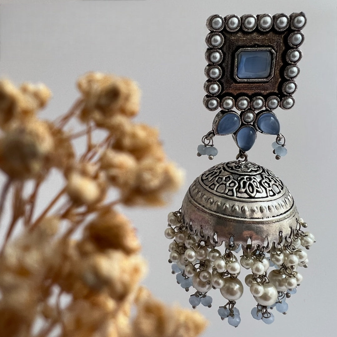 SQUARE SERENADE FAUX SILVER HANDMADE JHUMKAS ER37