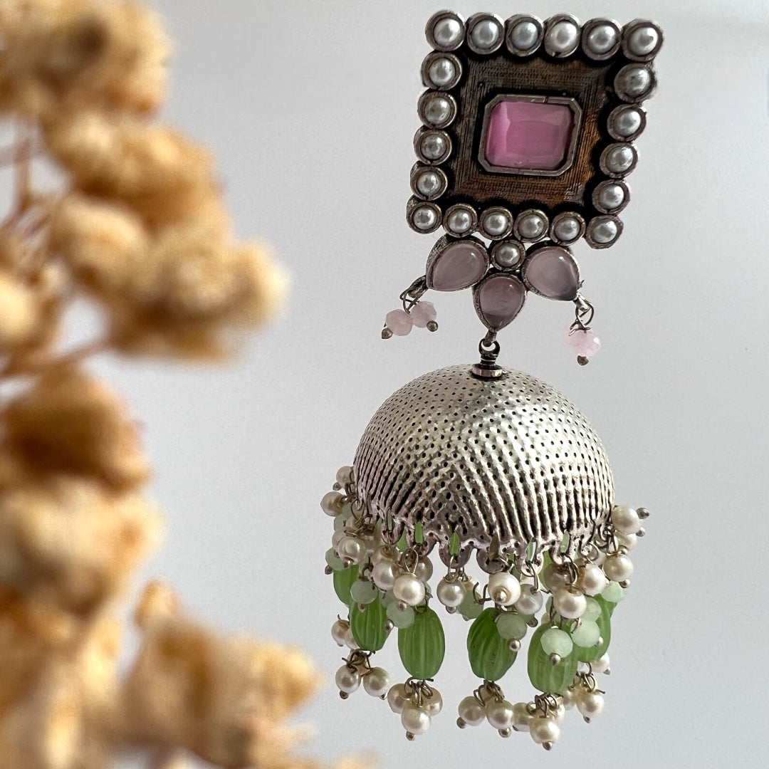 SQUARE SERENADE FAUX SILVER HANDMADE JHUMKAS ER37