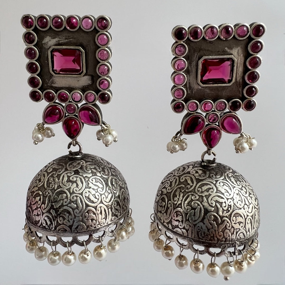 ROYAL SQUARE ELEGANCE FAUX SILVER SEMI-HANDMADE JHUMKAS ER36