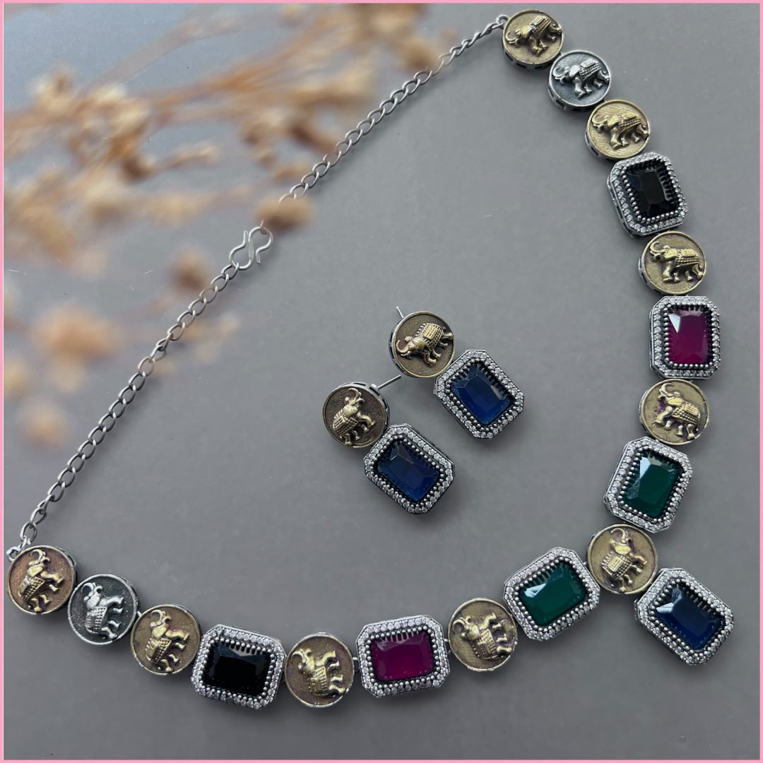 RENALKA FAUX SILVER BIJOUX PREMIUM AND EXCLUSIVE SEMI HANDMADE DUAL TONED NECKLACE WITH EARRINGS NL137