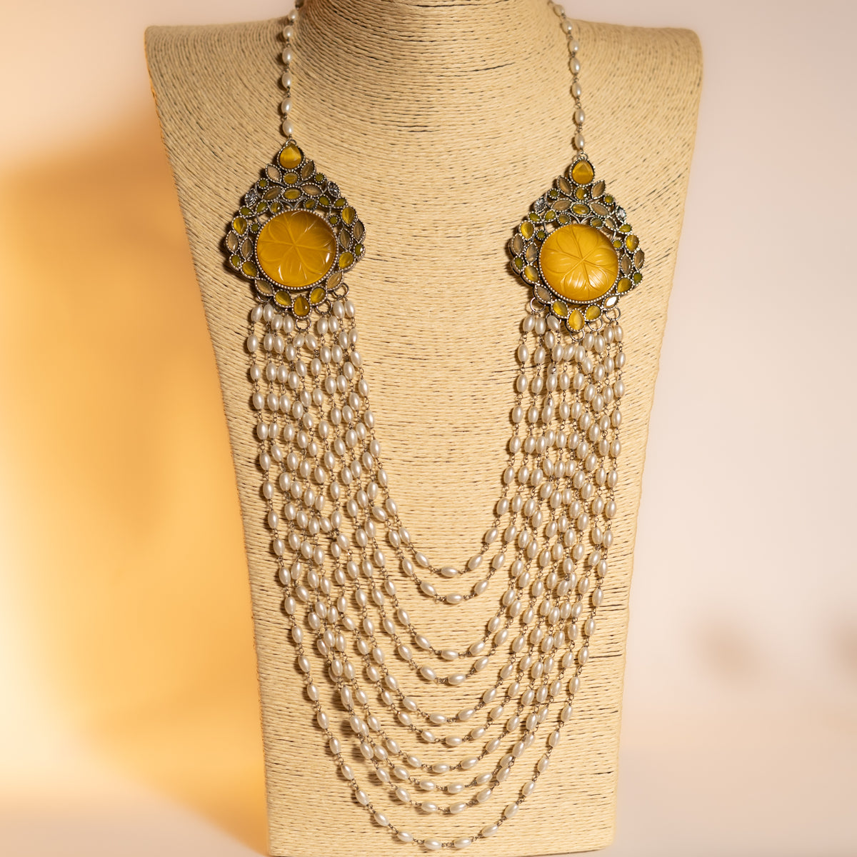 PRIYANKA LAYERED PEARL CARVING STONE HANDMADE STATEMENT MALA ML100