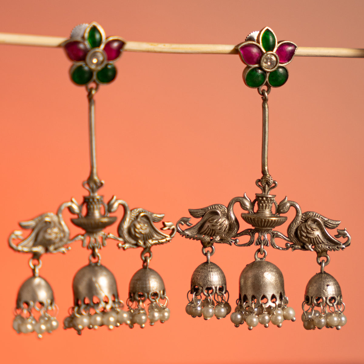 MEEASH FAUX SILVER ANTIQUE SEMI HANDMADE EARRINGS/JHUMKAS ER756