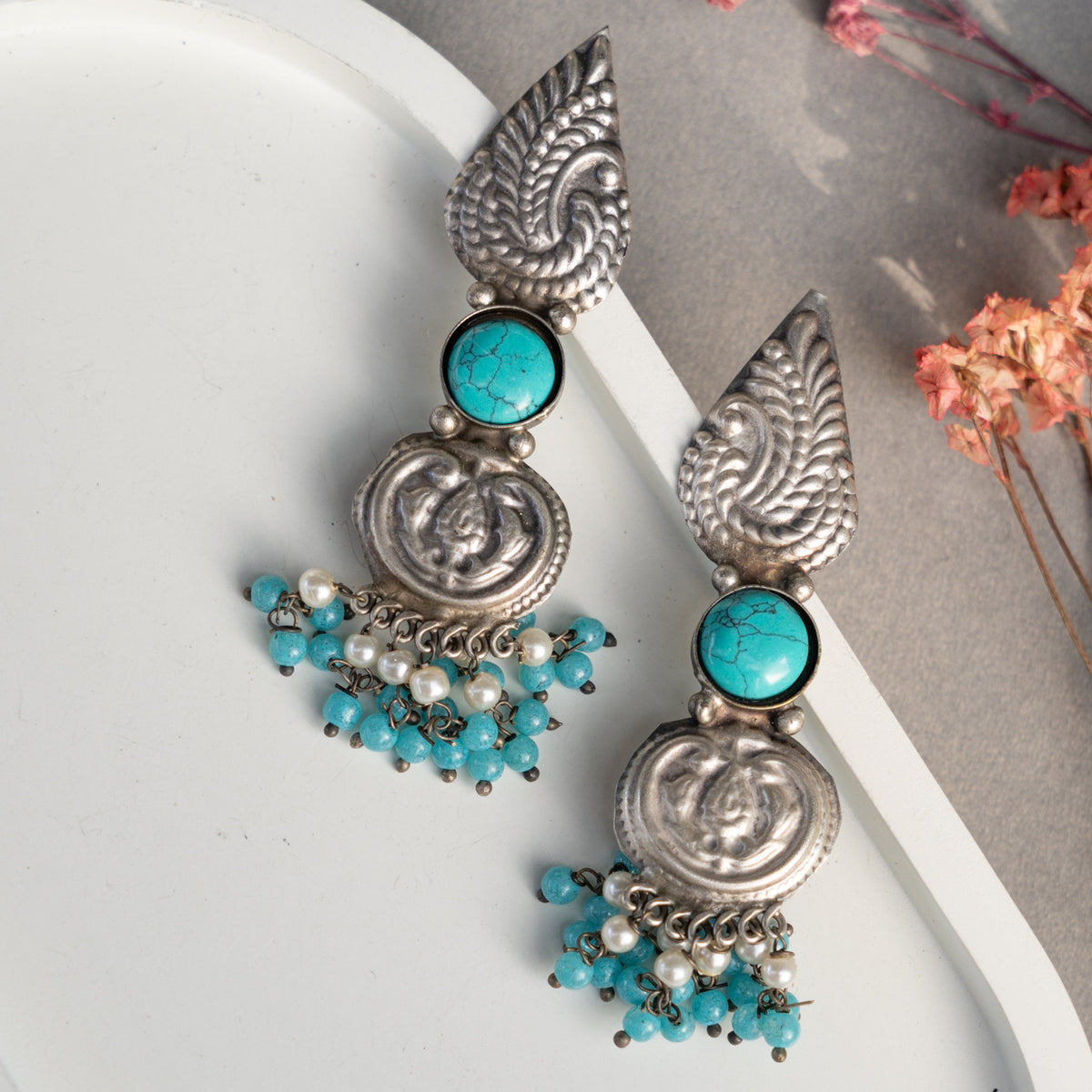 ELECTRA FAUX SILVER ANTIQUE HANDMADE MONALISA STONE EARRINGS ER793