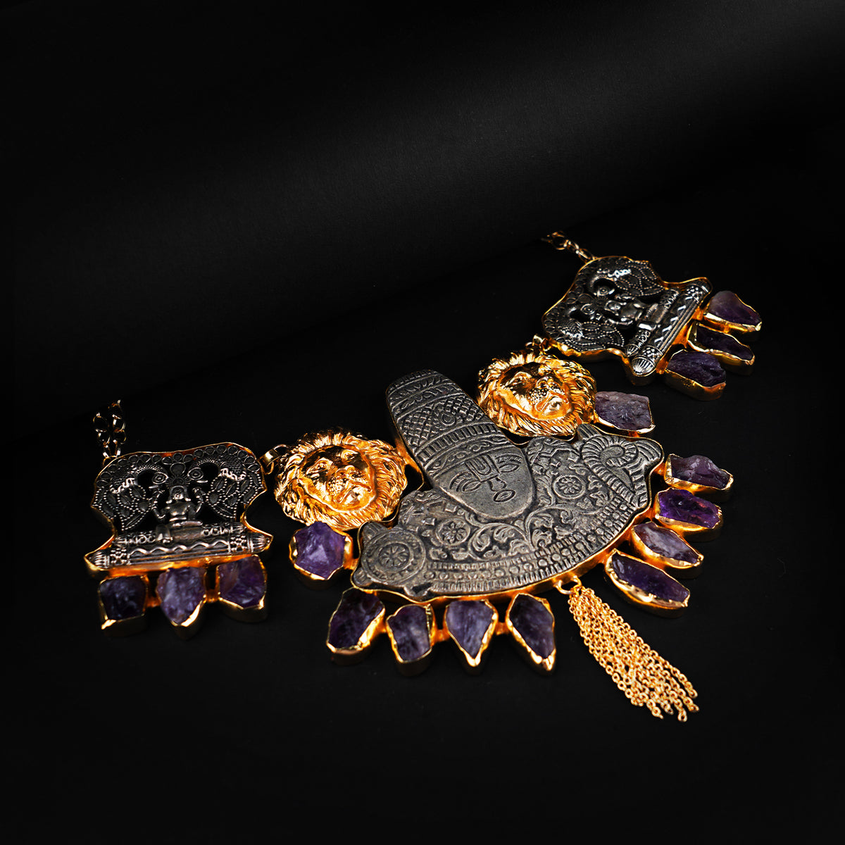 RISHARA BIJOUX EXCLUSIVE HANDMADE RAW STONE DUAL TONED TEMPLE NECKLACE NL246