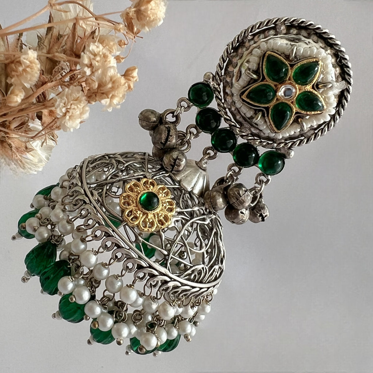 DAFINA SILVER LOOK ALIKE HAND HAMMERED AND HAND WIRED JHUMKA ER567