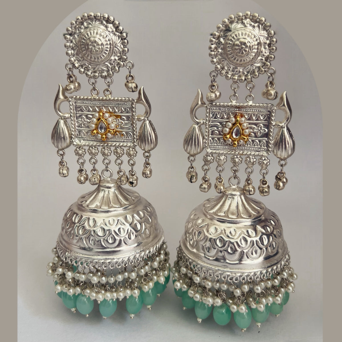 PARITHA SILVER LOOK ALIKE PREMIUM POLISH HANDMADE DUAL TONE JUMBO JHUMKA ER361