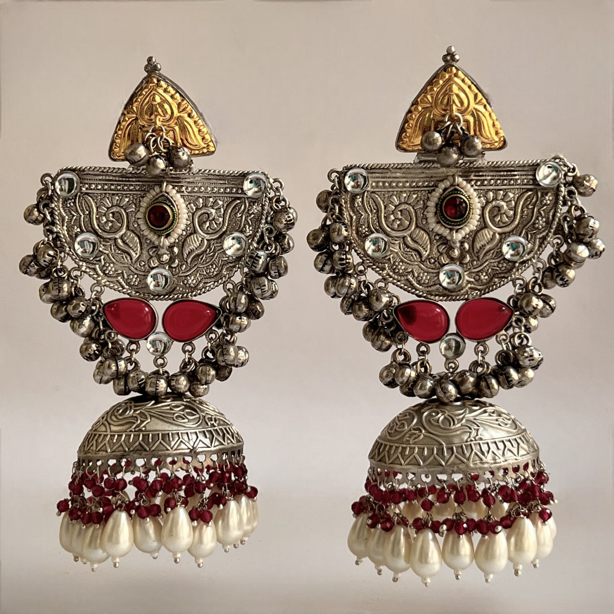 ÉLIRA SILVER LOOK ALIKE HAND HAMMERED DUAL TONED JUMBO JHUMKA ER558