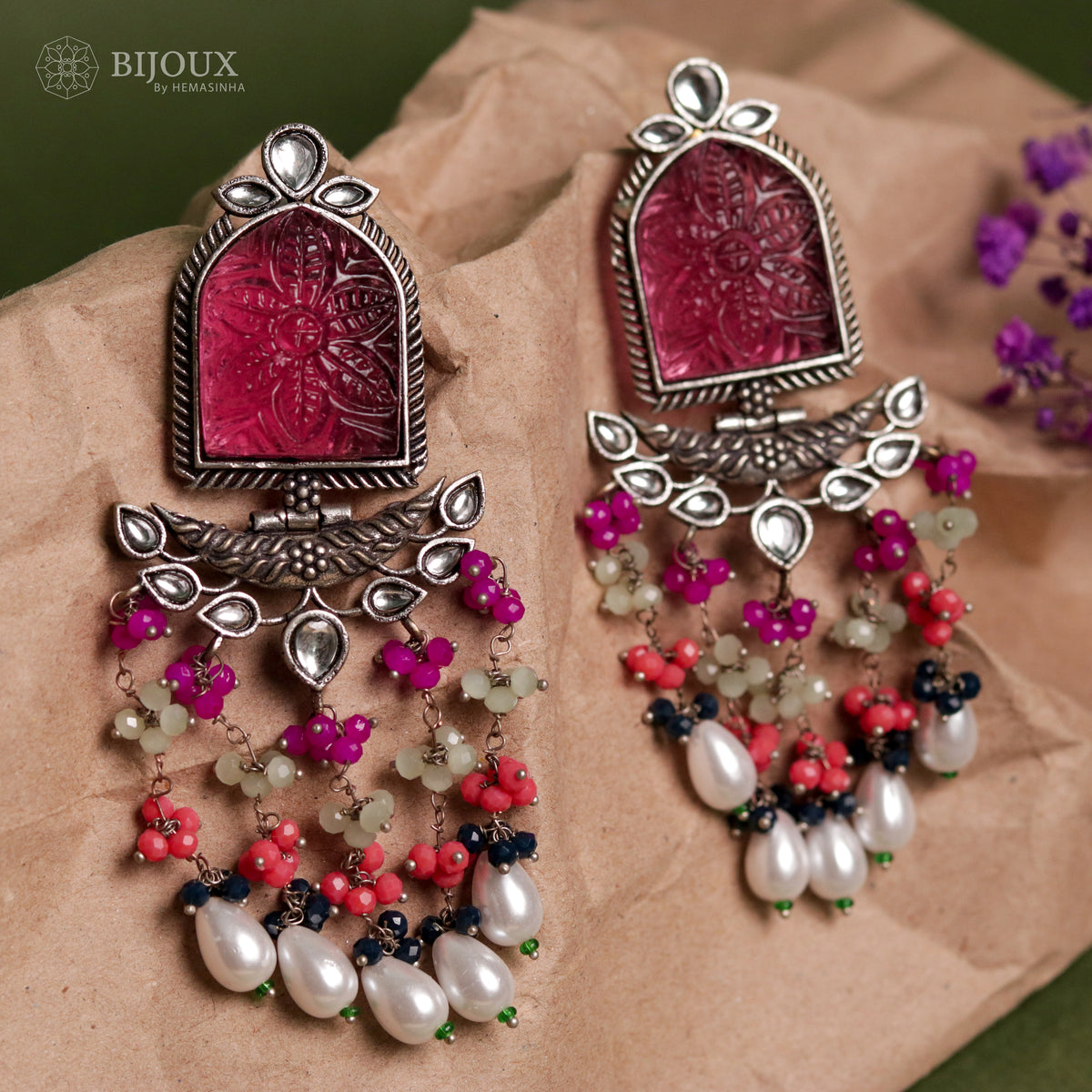 BEADED ENCHANTED CARVING SEMI-HANDMADE STONE EARRINGS ER30