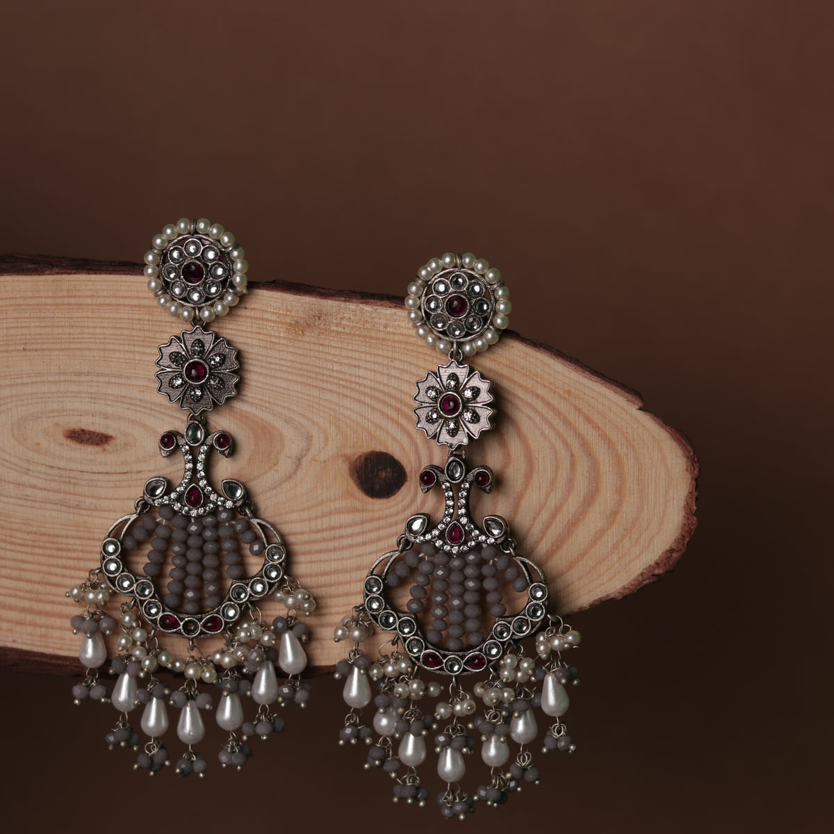 CELESTIA LONG CRYSTAL OXIDIZED PEACOCK SEMI HANDMADE EARRING ER116