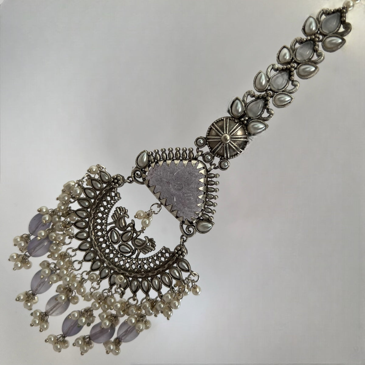 TEJA SEMIHANDMADE BEADED OXIDIZED DANGLER EARRING WITH EAR CHAIN ER570