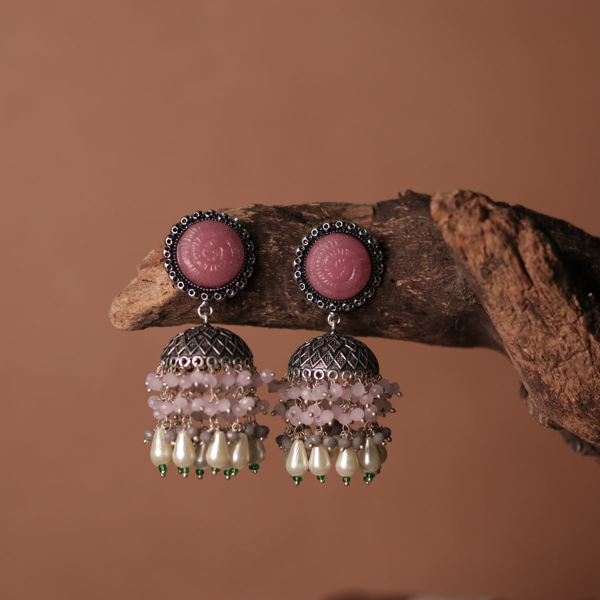 SPIRAL CARVING STONE SEMI HANDMADE BEADED JHUMKAS-ER113