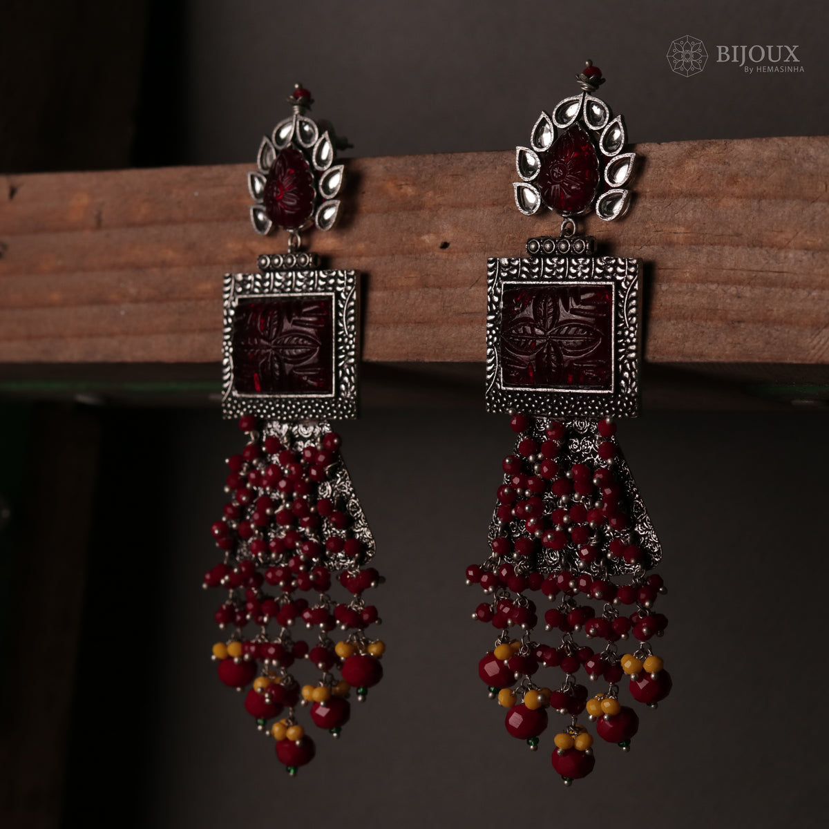 PLUME BEADED LONG FEATHER SEMI HANDMADE EARRINGS-ER115