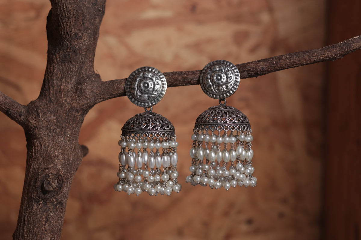 SAMANTHA FAUX SILVER HANDMADE RAW AND RUSTIC EARRINGS/JHUMAS ER57